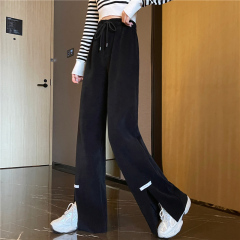 -Real photo corduroy thin spring new loose slit wide-leg casual pants for women