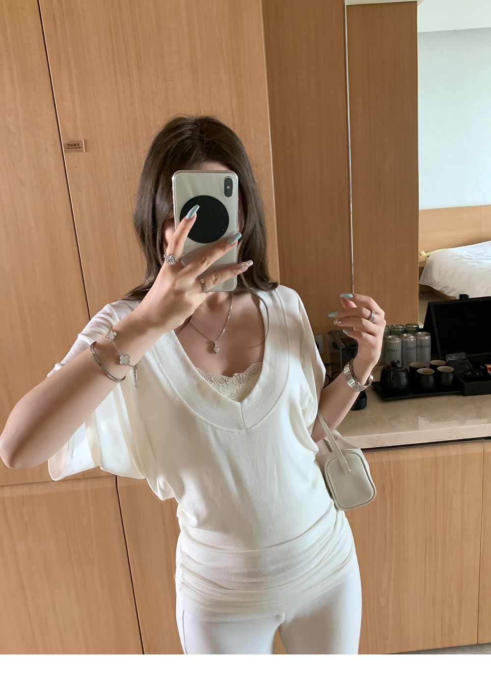 260g lazy style loose V-neck short-sleeved T-shirt for women's Tennis Wool Knitted Base Shirt Bat Sleeve Shirt