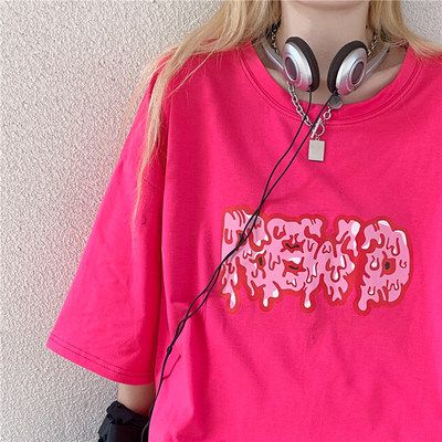 Rose pink T-shirt for women 2025 new spring Korean version ins retro graffiti letters loose short-sleeved top half-sleeved trendy