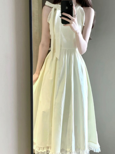 French bow tie halter neck wool dress for women Korean style pear-shaped waist slimming high-end mid-length skirt