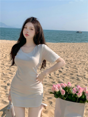 Real shot~ Spring Korean version of versatile large U-neck T-shirt for women with slim solid color dress short one-step skirt