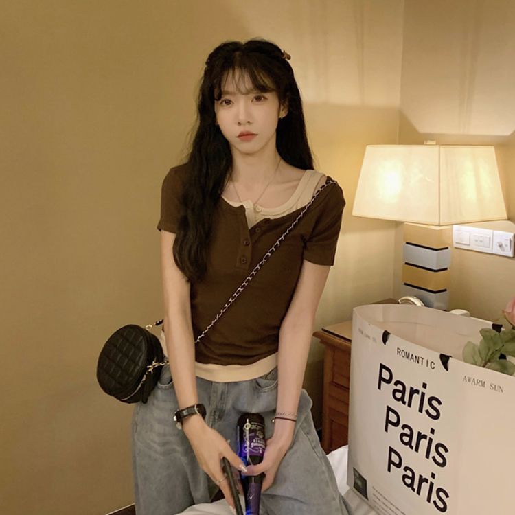 Modal fake two-piece off-shoulder short-sleeved T-shirt for women in summer Korean style slim top