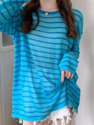Striped knitted base shirt for women in early autumn thin European sunscreen blouse lazy style loose mask T-shirt top