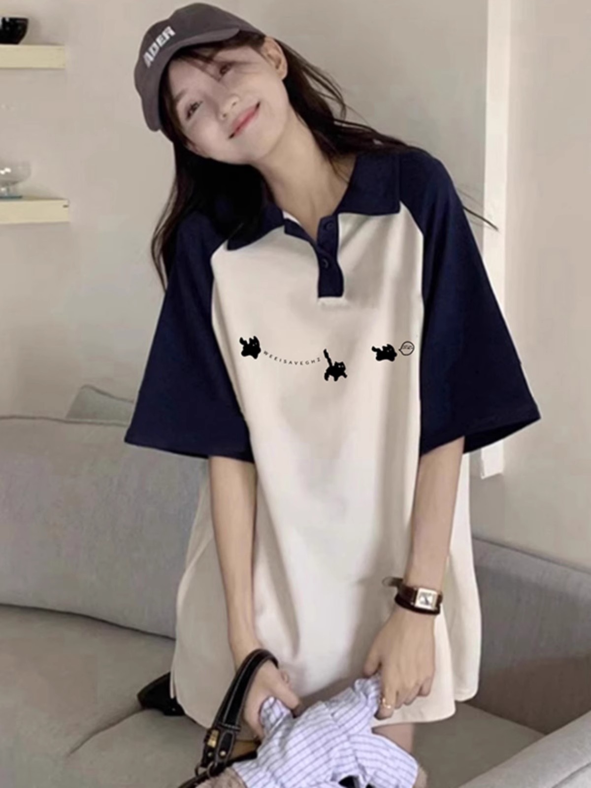 High-quality pure cotton 200g 21 combed tight printed POLO shirt loose color block lapel short-sleeved shirt for women