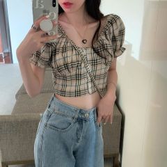 Retro plaid sweet and spicy navel-exposed short-sleeved top for women puff sleeves off shoulder sexy little fragrance style short-sleeved shirt high-end
