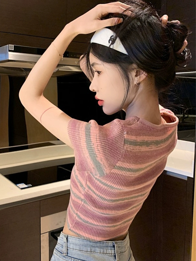 粉色彩條紋針織衫女2025新款夏季修身短袖方領T恤小個子短款上衣