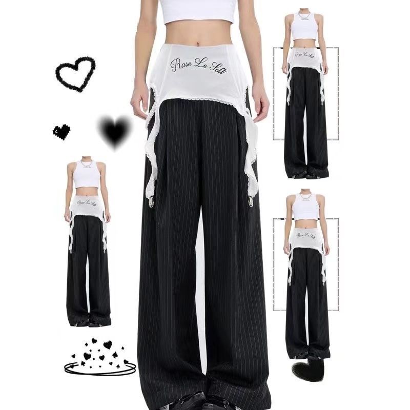 Trendy pants, gray striped suit pants, lace loose drape wide-leg pants