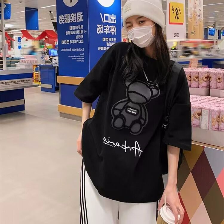 2025 summer new loose Korean version fashionable age-reducing slim bear design top gray T-shirt for women