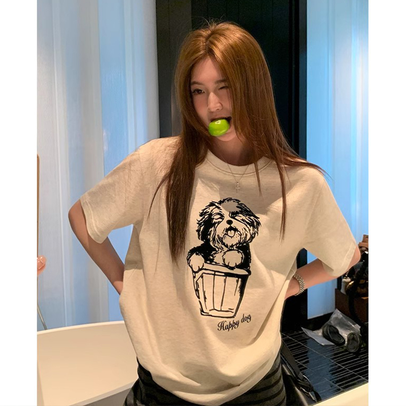 220g pure cotton American printed short-sleeved T-shirt for women 2025 summer new loose round neck top