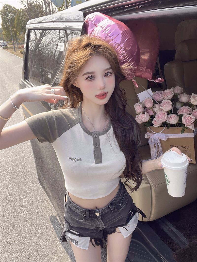Pure cotton American retro contrasting short-sleeved T-shirt women's short top