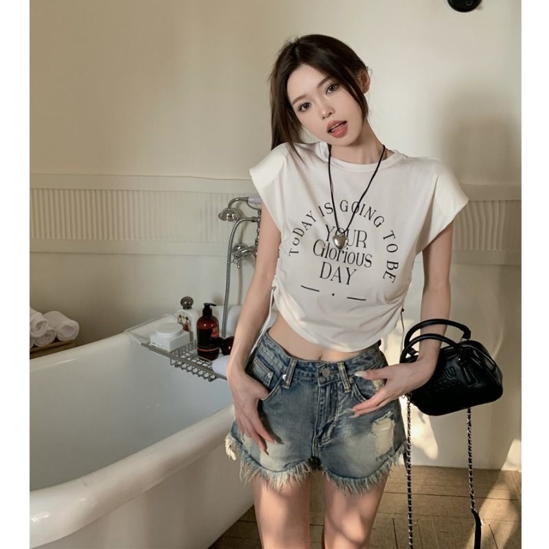92-person cotton 8 spandex original method, with shoulder pads American retro hot girl printed shoulder pads women's slim top