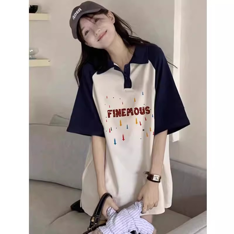 High-quality pure cotton 200g 21 combed tight printed POLO shirt loose color block lapel short-sleeved shirt for women