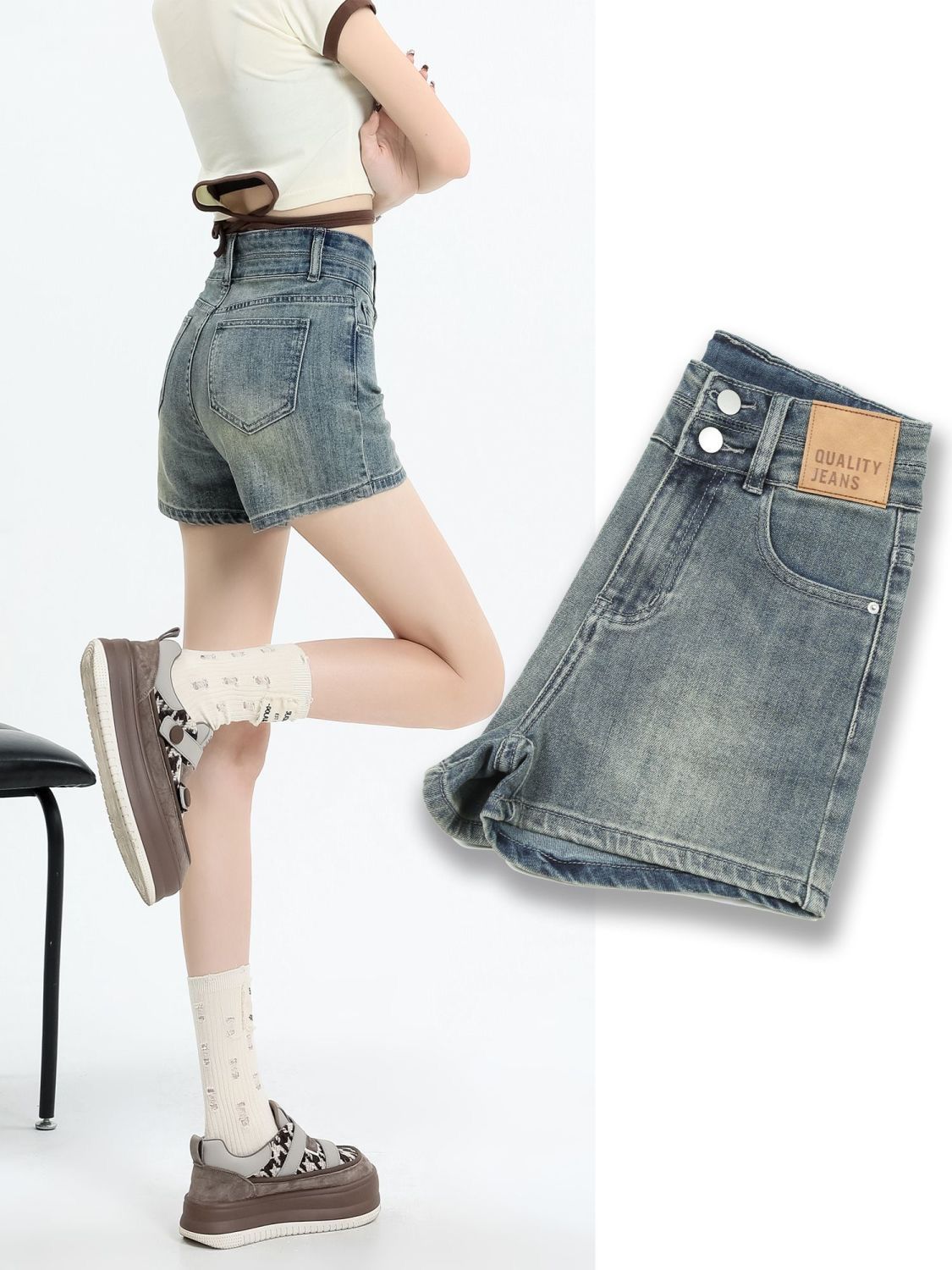 Retro double button denim shorts for women in summer thin hot girls high waist slimming design A-line wide-leg hot pants trendy