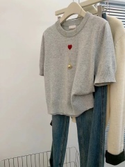Fashionable gray round neck sweater short sleeve sweater top for women with short shoulder T-shirt underwear