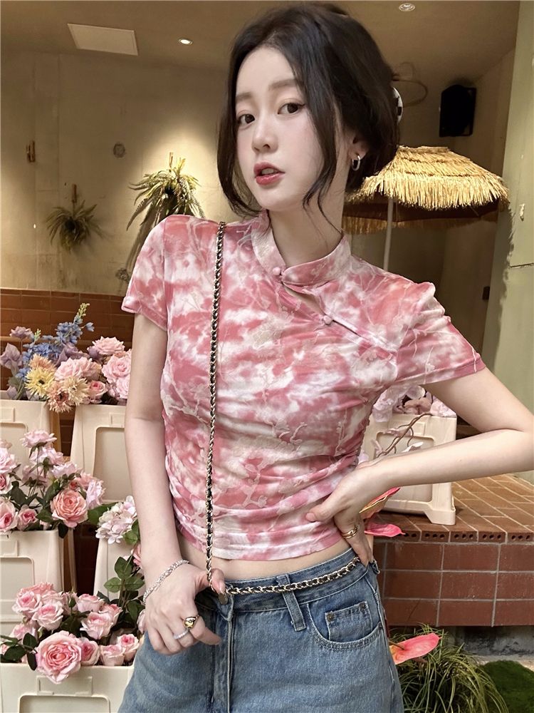 Retro new Chinese flocking printed short-sleeved top modified version of cheongsam turtleneck shirt design floral shirt summer