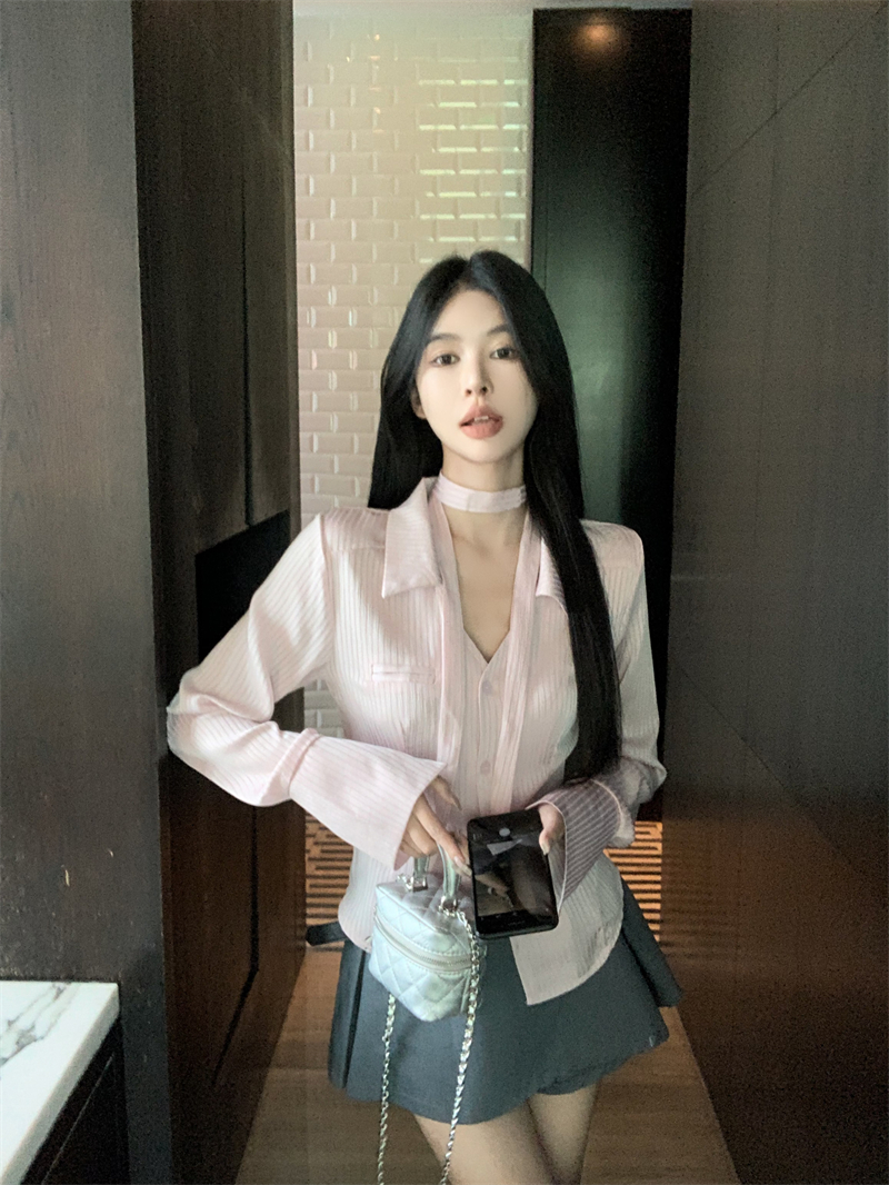 Real photos~ Spring rain satin silky waist-hugging shirt for women, long-sleeved tie top + skirt pants, same belt