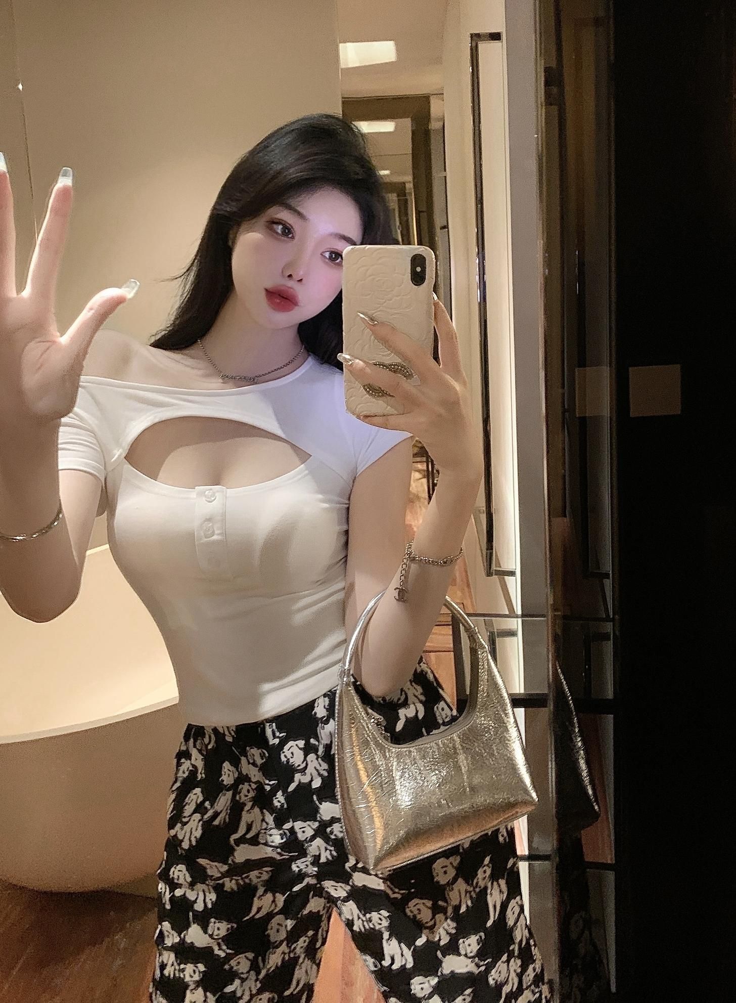 Ribbed pure desire T-shirt in summer new style slim and irregular short sleeves