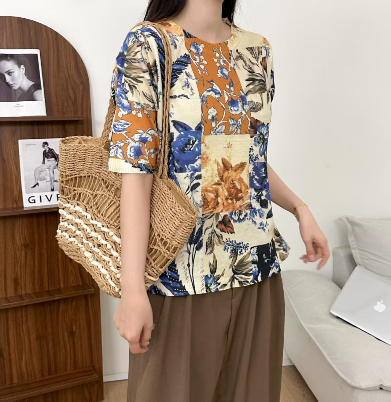 實拍復古棉麻彈力印花針織衫女夏季新款寬鬆顯瘦圓領百搭打底衫