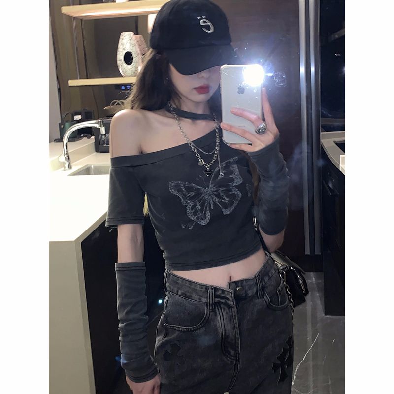 Threaded cotton sleeve T-shirt for women's new pure hot girl design retro Hong Kong style slim slim short top