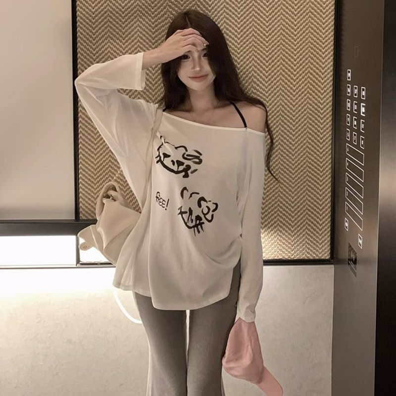 Original method for making one-shoulder printed long-sleeved T-shirt for women in spring loose sunscreen