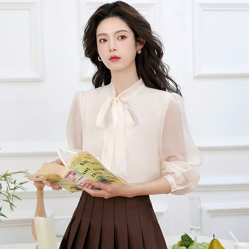 2025 spring new style of lively fairy long sleeve bow ribbon robe shirt top for women