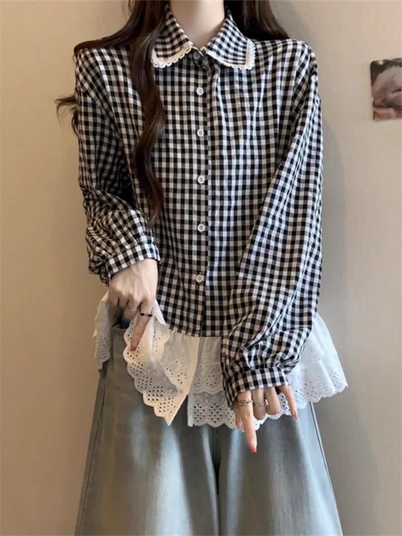 French sweet lace spliced ​​shirt 2025 spring new doll collar contrasting plaid long-sleeved top