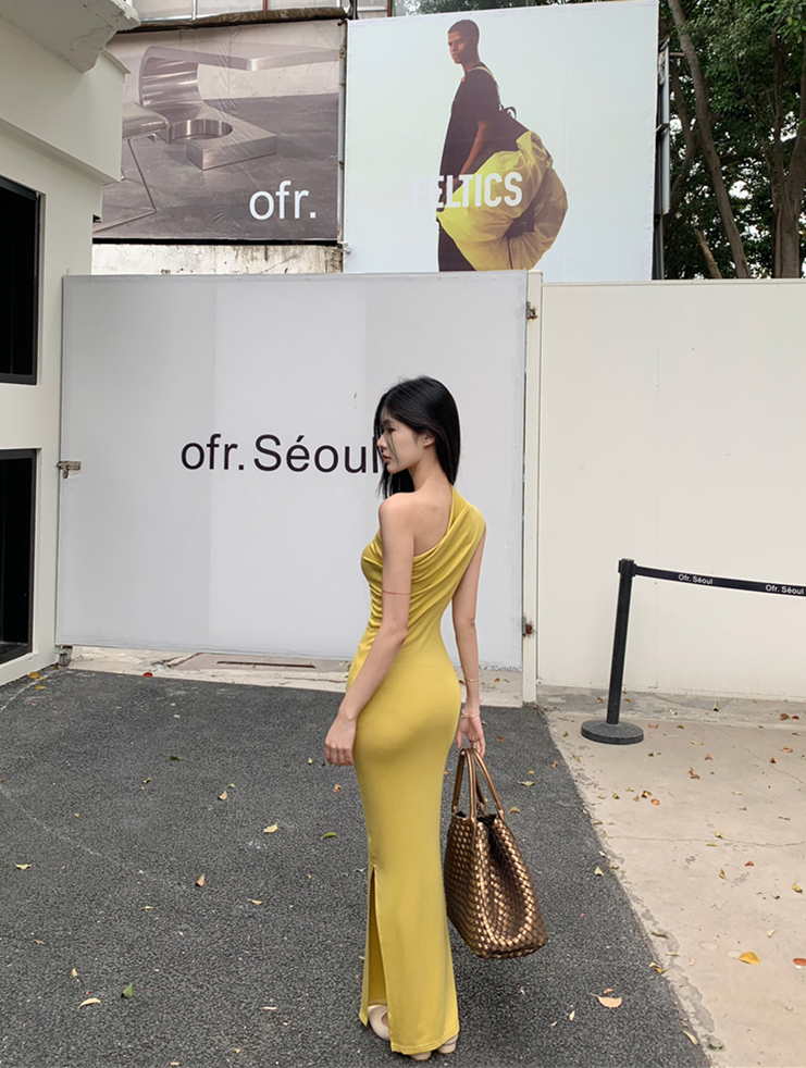 Real shot~French temperament celebrity slim shoulder-covered skirt for women in spring and summer high-end slim slit long skirt