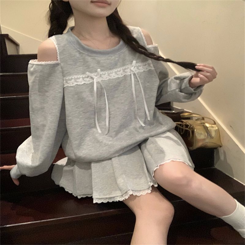 Sweet long-sleeved round neck off-shoulder bow lace sweatshirt 2025 autumn new design loose top for women