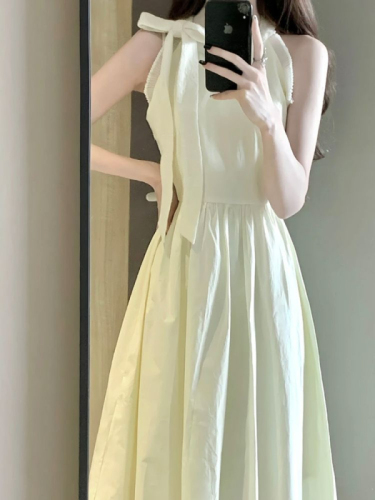 French bow tie halter neck wool dress for women Korean style pear-shaped waist slimming high-end mid-length skirt