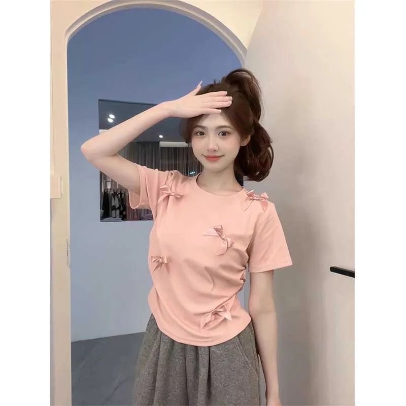 2025 new three-dimensional bow short sleeve short T-shirt design feels sweet and spicy summer slim body