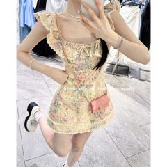 Ruffled bow vest dress for women's summer square neck small flying sleeve skirt slim hip-packing A-line skirt