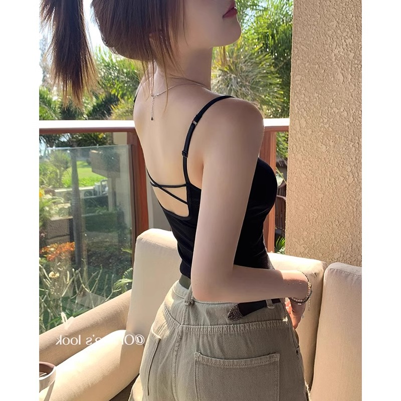 American black small suspender vest for women with inner wear 2025 new beautiful back bra with chest pad summer top