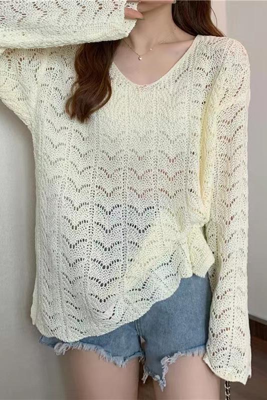 V領鏤空針織衫防曬罩衫T恤女春秋新款慵懶風寬鬆顯瘦長袖上衣