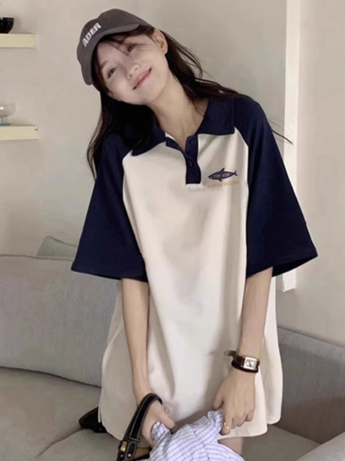 High-quality pure cotton 200g 21 combed tight printed POLO shirt loose color block lapel short-sleeved shirt for women