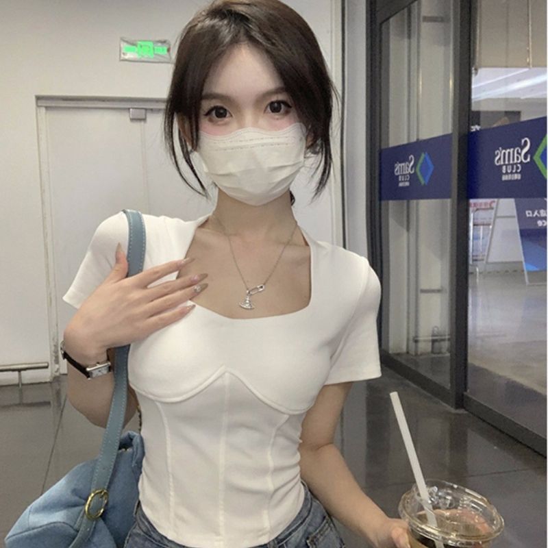 92-person cotton 8 spandex square collar T-shirt for women in summer Korean version fish bone design slim white short-sleeved top