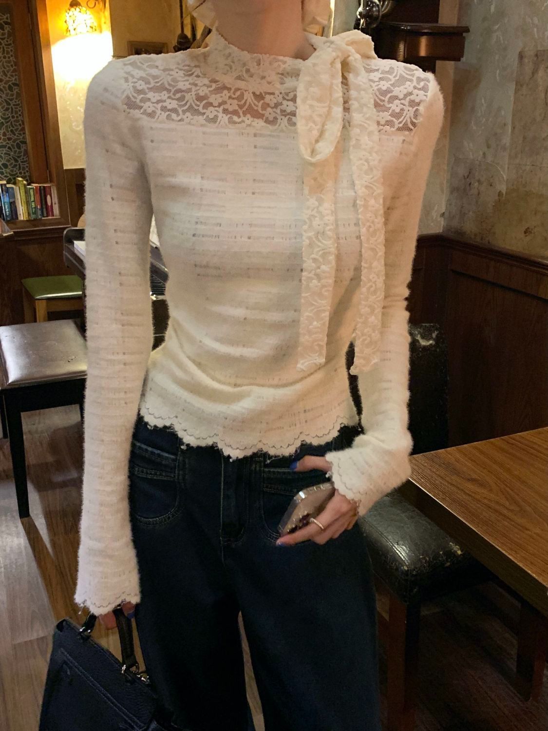Original high-quality fabric Lace hook half high neck long sleeve niche bow strap base shirt top