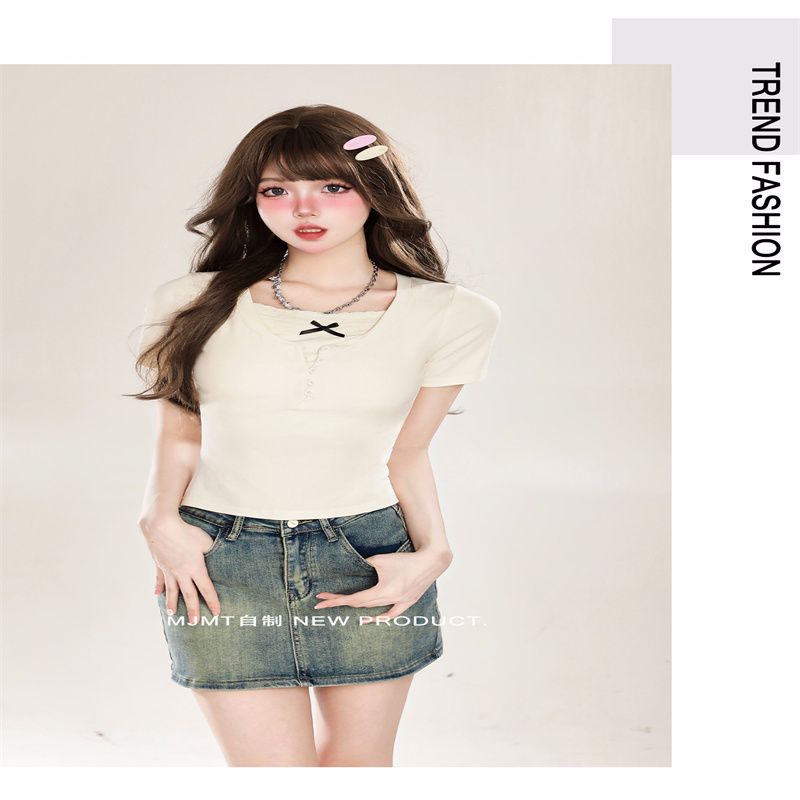 Front shoulder slim fake two-piece short-sleeved T-shirt for women in summer niche design hot girls short chic and beautiful top