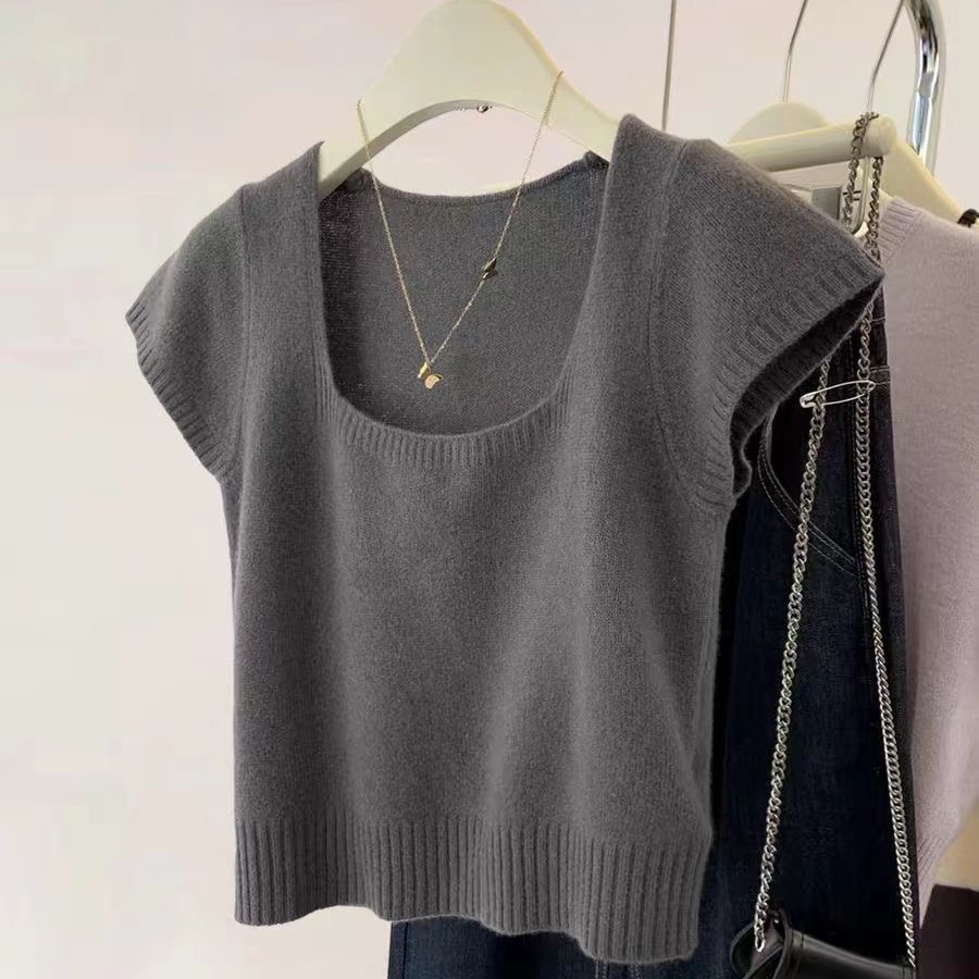 Square collar knitted short-sleeved T-shirt for women in summer 2025 new design thin style front shoulder short top
