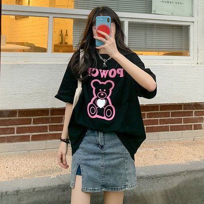 Summer 2025 new retro bear print super hot loose BF style large size short-sleeved T-shirt top female student
