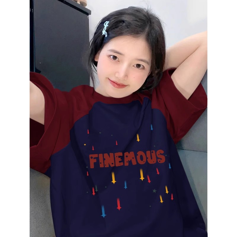 High-quality pure cotton 200g 21 combed tight printed color horn sleeve loose color block short-sleeved shirt for women