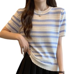 冰絲條紋t恤夏季大碼顯瘦遮肚針織短袖女設計感小眾正肩上衣