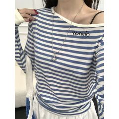 Korean contrasting striped irregular slanted collar off-shoulder long-sleeved T-shirt for women's new waist-hugging temperament top