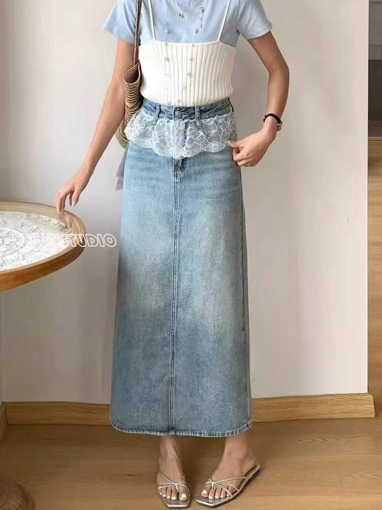 French high-end lace spliced ​​denim skirt for women in spring new fashionable style A-line mid-length skirt