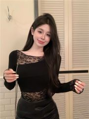 260g men's cotton lace spliced ​​off-shoulder base shirt trumpet long-sleeved T-shirt for women's winter black sexy top