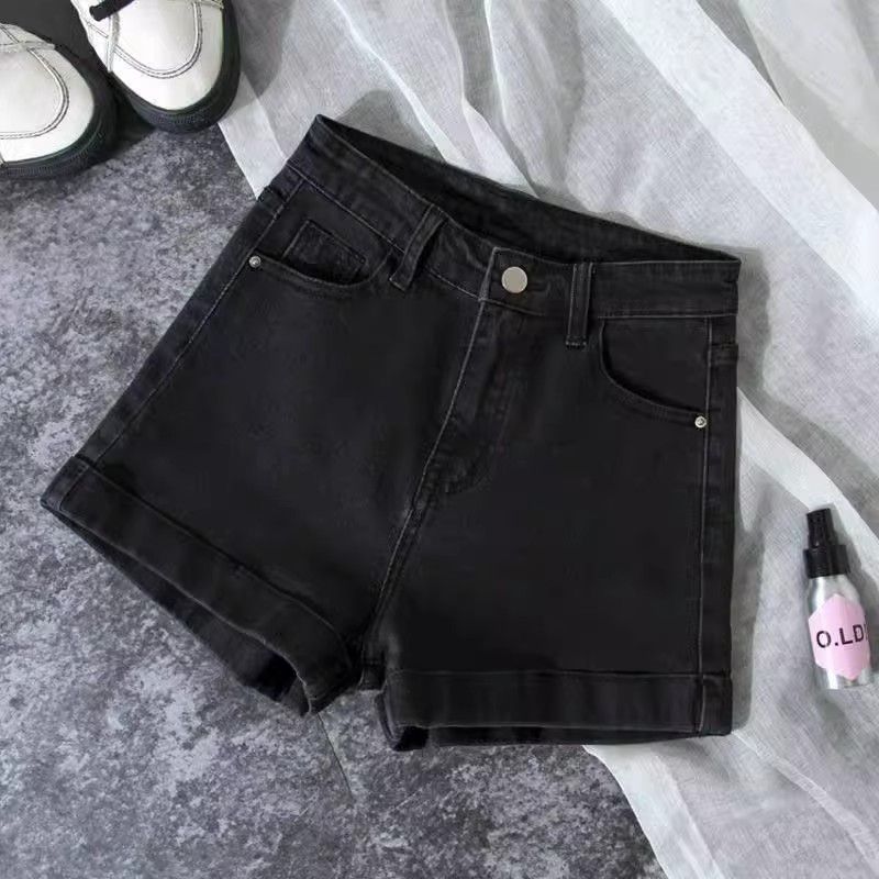 New summer style elastic high waist slimming letters wide-leg curly black denim shorts for women wearing hot pants