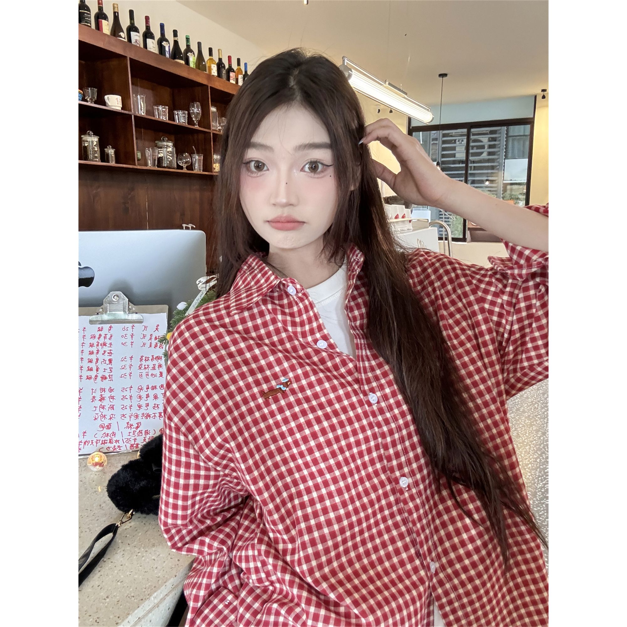 Original cotton-containing quality dachshund puppy embroidered red and white plaid shirt lazy style jacket for women in spring