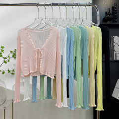 系帶木耳邊長袖針織防曬開衫女夏薄外搭配裙子短款空調小罩衫上衣