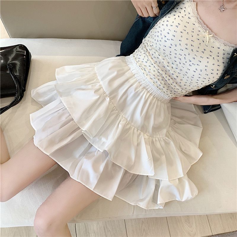 White French versatile cake skirt for women in spring, high waist, slim and small ruffle a-line skirt