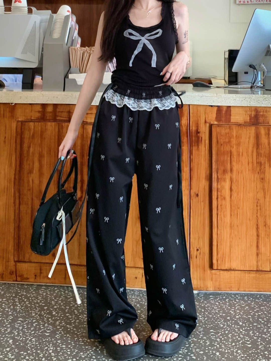 Sweet hot girl lace stitching casual pants bow pants for women summer loose elastic waist wide-leg pants straight pants
