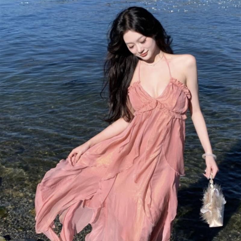 茶歇法式絕美掛脖吊帶連衣裙女夏季氛圍性感三亞海邊度假沙灘長裙